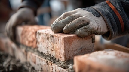 Brick Being Laid by a Gloved Hand on Mortar &mdash; Construction Close-Up