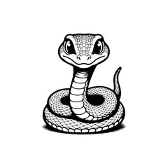Fototapeta premium A simple black and white vector drawing of a cute happy friendly coiled cartoon snake mascot with large eyes and tongue flicking out. The style is childlike and minimalist.
