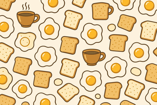 Seamless pattern with fried eggs, toast, and coffee cups