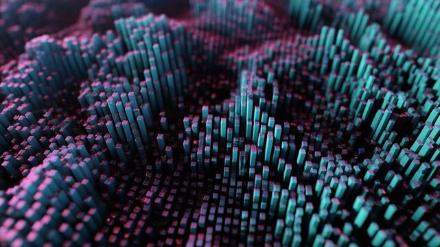 Abstract digital landscape with varying teal and magenta rectangular prisms creating a textured, undulating surface.