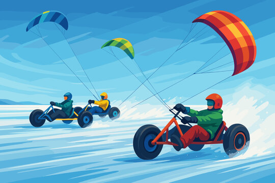 Three riders racing kite buggies across frozen winter terrain