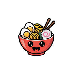 A colorful vector illustration of a cute happy ramen bowl character with a smiling face and large eyes filled with noodles eggs and narutomaki fish cake.