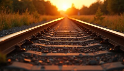 Railroad tracks stretch towards sunset creating vanishing point perspective. Warm golden hour light illuminates gravel and steel rails. Rural landscape with grass and trees lines the railway.