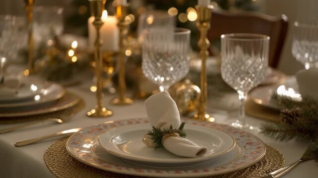 Elegant Christmas table setting with gold candle holders, crystal glasses, festive plates,