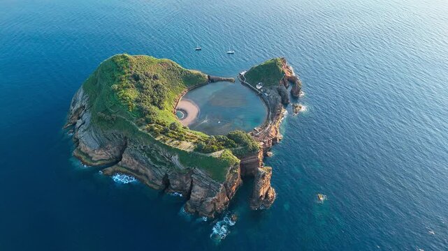 Aerial View of Islet of Vila Franca, Circular Crater Lake, Azores coastline, Portugal