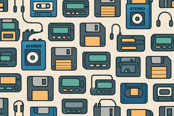 Fototapeta premium Seamless vintage tech pattern with floppy disks and walkmans