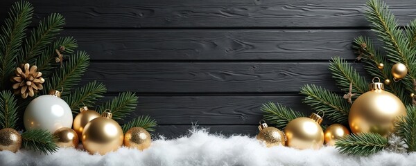 Golden, white baubles rest on snow amid pine branches against dark wood. Festive Christmas ornaments create luxurious winter holiday banner. Seasonal decor awaits celebration. Merry season greeting.