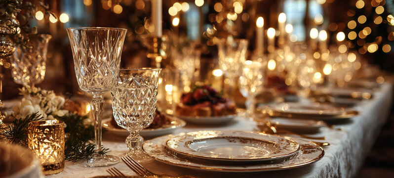 Elegant holiday dining setup with sparkling glassware and candles