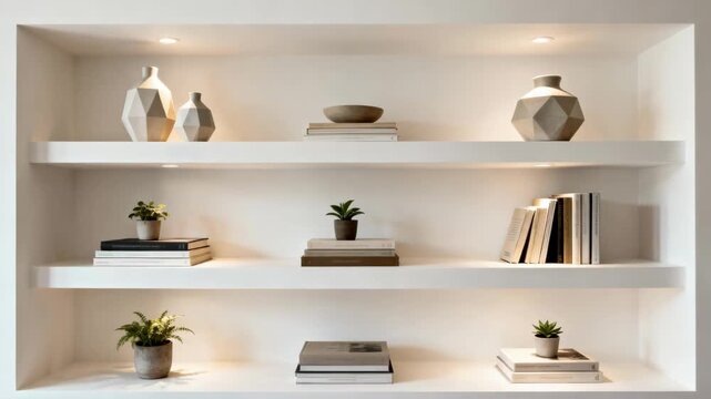 Medium shot of a custom drywall inset featuring builtin shelving with decorative items neatly arranged highlighting practical storage solutions in modern interiors.