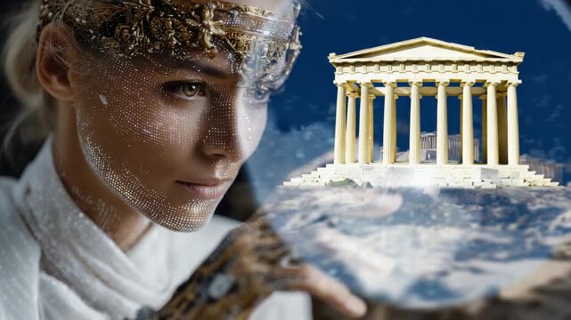 4k woman archaeologist exploring a digital excavation site with AI-generated reconstruction of ancient civilizations. She uses a smart glove to manipulate virtual