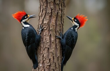 Obraz premium Two pileated woodpeckers perched on tree trunk. Birds with vibrant red crests show striking contrast. Wildlife photo shows in natural habitat. Detail shot of animal life. Forest scenery with birds.