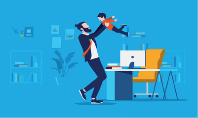 : Bringing kids to office - Businessman getting a visit from his son child at work, playing around and having fun. Children in the workplace concept. Vector illustration.