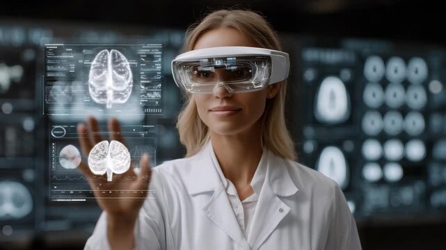 4k woman doctor in a virtual clinic using augmented reality to consult a patient remotely. Medical scans and charts hover around her in high-resolution 3D. She wears a sleek AR viso