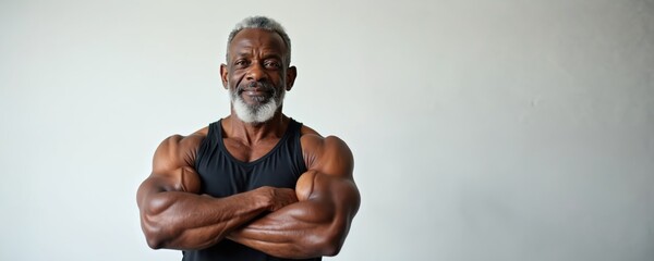 Muscular elderly African American man with grey beard stands with arms crossed. He wears a black tank top and smiles against a white background. This image is great for fitness and gym promotions.