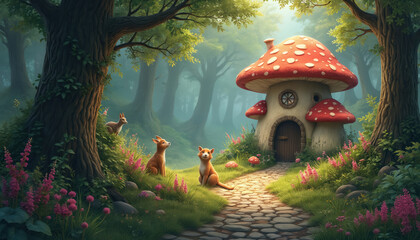 Obraz premium Whimsical mushroom house sits on forest path, surrounded by green grass, pink flowers, trees. Two small foxes, rabbit near house. Scenery mystical, enchanted, with soft mist in background.