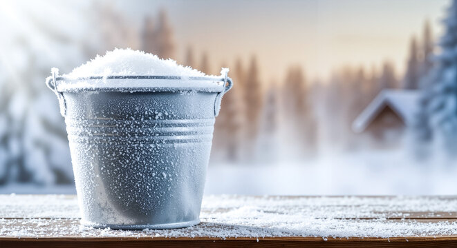 Frosted water bucket filled with snow in a winter landscape  
