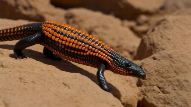 Gila Monster Lizard Walking on Desert Sand with Vibrant Orange and Black Scales.