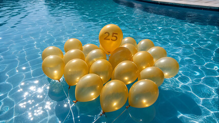 Golden number 25 balloons reflect the sunlight while floating on a pool's sparkling blue water, symbolizing a celebratory moment for a 25th anniversary or milestone.
