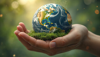 Female hands hold earth globe on moss. Symbol of eco awareness. Concept of Earth Day. Planet protection. Ecosystem balance. Green thinking and eco friendly lifestyle idea.