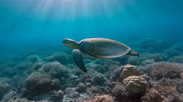 Graceful Sea Turtle Gliding Over Vibrant Coral Reef in Crystal Clear Ocean Waters with Sun Rays.