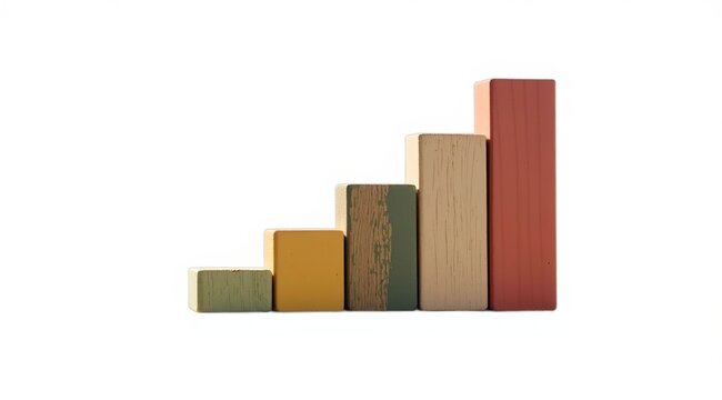 A growing histogram of five multi-colored wooden blocks. Highlighted on a white background. The concept of growth, success, and statistics.