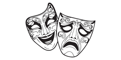Obraz premium Drama Masks symbol Icon Silhouette vector style on pure white background, Masquerade vector icon on white background. Comic and tragic mask icon