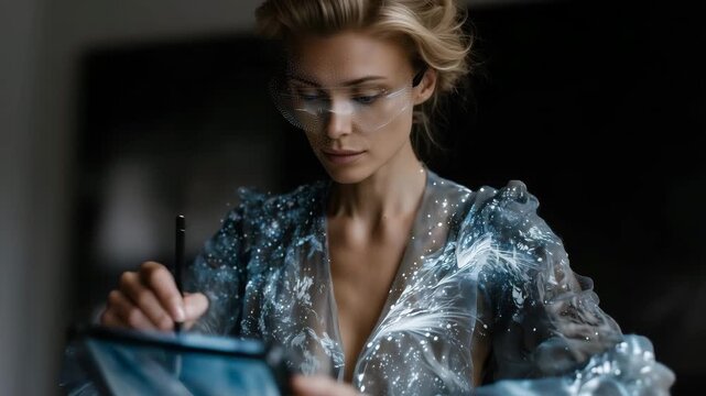 fashion designer woman working in a digital atelier, creating interactive clothing with embedded smart fibers. 3D fabric patterns shift in real-time on virtual mannequins