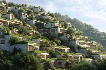 Obraz premium Eco-friendly terraced villas with green roofs on hillside