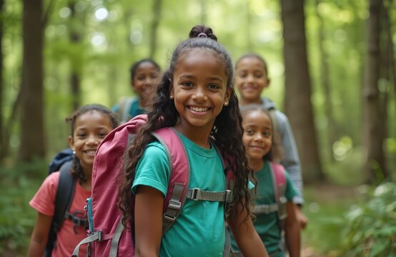 Diverse group of smiling young Black children hike together in forest. Scouts wear backpacks on outdoor nature adventure. Kids walk trail, explore green woods. - Powered by Adobe