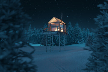 3d rendering of cozy glass greenhouse on forest viewing platform at night