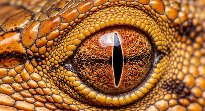 Fiery Orange Reptile Eye Macro: Predatory Gaze and Textured Skin.
An ultra-close-up (macro) photograph capturing the intense, fiery orange and reddish-brown iris of a reptile's eye