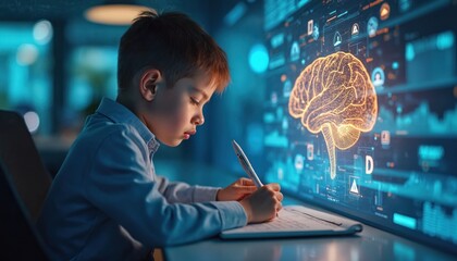 Young boy studies digital brain hologram, writes notes on paper. Child learns about AI, futuristic tech, data analysis. Future education with smart computer, child genius.