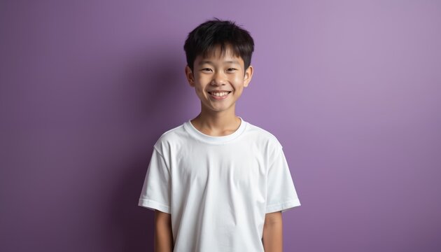 East Asian teen boy smiles broadly. Looks directly at camera with joyful expression. Wears plain white tshirt against vibrant purple background. Young happy male child poses for bright studio