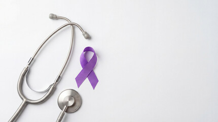 Purple cancer awareness ribbon and stethoscope on white studio background, top view with no people