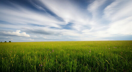 Fototapeta premium A scenic view of a green field under a cloudy sky with distant trees on the horizon on a bright day ai generated