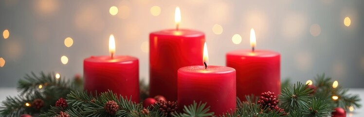 Four red candles burn with festive light, arranged with pine branches and baubles. Soft bokeh background adds warm glow to Christmas scene. Celebrate the season of giving.