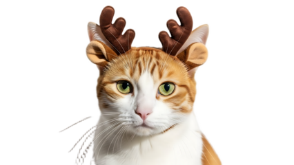Orange and white cat wearing reindeer antlers looking directly at the viewer on a black background