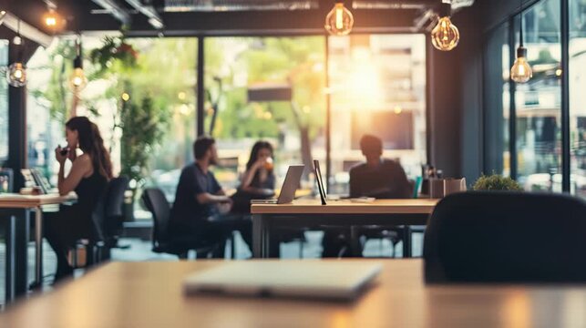 Modern workspace ambiance with warm lighting and a focus on creative collaboration. Capture the essence of a trendy coworking space where innovation and productivity thrive.