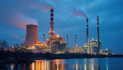 Industrial plant at night produces smoke. Complex buildings with lights reflect in water. Power station with chimneys emits fumes. Eco energy, infrastructure.