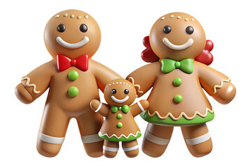Fototapeta premium A gingerbread family of three with a father mother and child all smiling on a transparent background