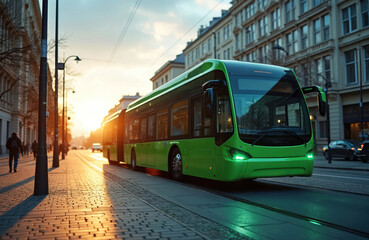 Fototapeta premium Bright green electric bus moves on city street at sunset. Modern eco-friendly public transport vehicle drives past old European buildings. People walk on sidewalk. Clean tech for urban life.