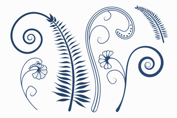 Collection of stylized dark blue fern frond and floral swirl vector elements, perfect for decorative design accents © graphixarrow
