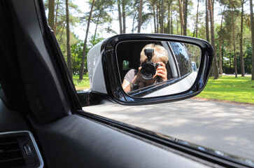 Woman Photographer Reflection Car Side Mirror
