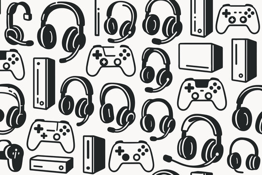 Various gaming accessories such as controllers and headsets arranged in a repeating pattern on a light background