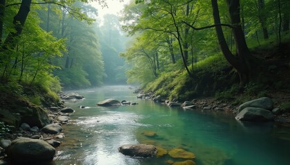 Obraz premium Tranquil forest river flows between rocky banks and green trees. Gentle mist rises from clear turquoise water. Sunlight filters through canopy creating peaceful natural scene.