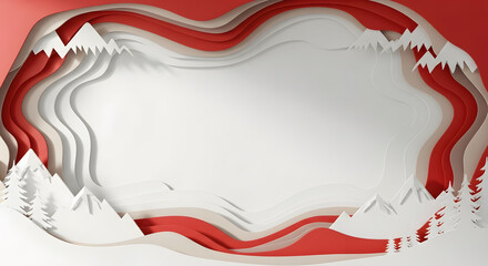 Abstract three dimensional paper cut art background depicting wavy winter landscape with snow capped mountains and forest trees