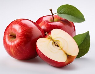 two whole and two sliced red apples with leaves