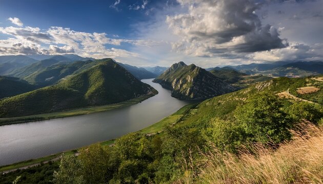 scenic river winding through a mountainous landscape under a partly cloudy sky