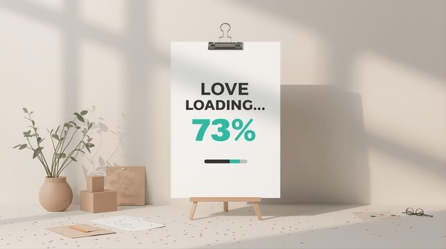 Minimalist poster with "Love Loading 73%" progress bar on easel in modern interior. Perfect Valentine's Day 2026 greeting card, romantic waiting concept, relationship milestone and love humor design
