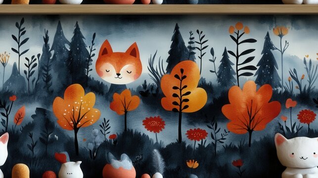 A charming illustration depicts foxes playfully observing autumn leaves with feline companions in the foreground, creating a delightful and whimsical scene.